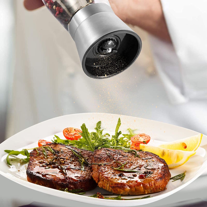 Herda Salt and Pepper Grinder - Refillable 304 Brushed Stainless Steel Shaker - Adjustable Ceramic Sea Salt & Pepper Grinder - Tall Glass Salt- Pepper Mill & Salt Mill (2Pcs) - Image 5